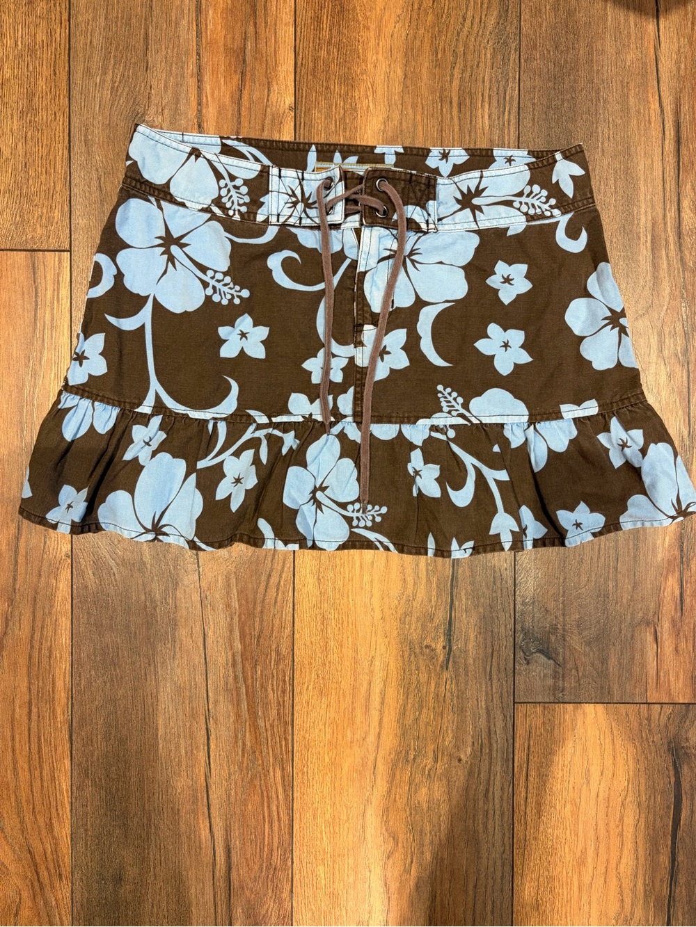 VTG Toes On The Nose Hibiscus Floral Ruffle Mini Skirt Drawstring Waist Y2K